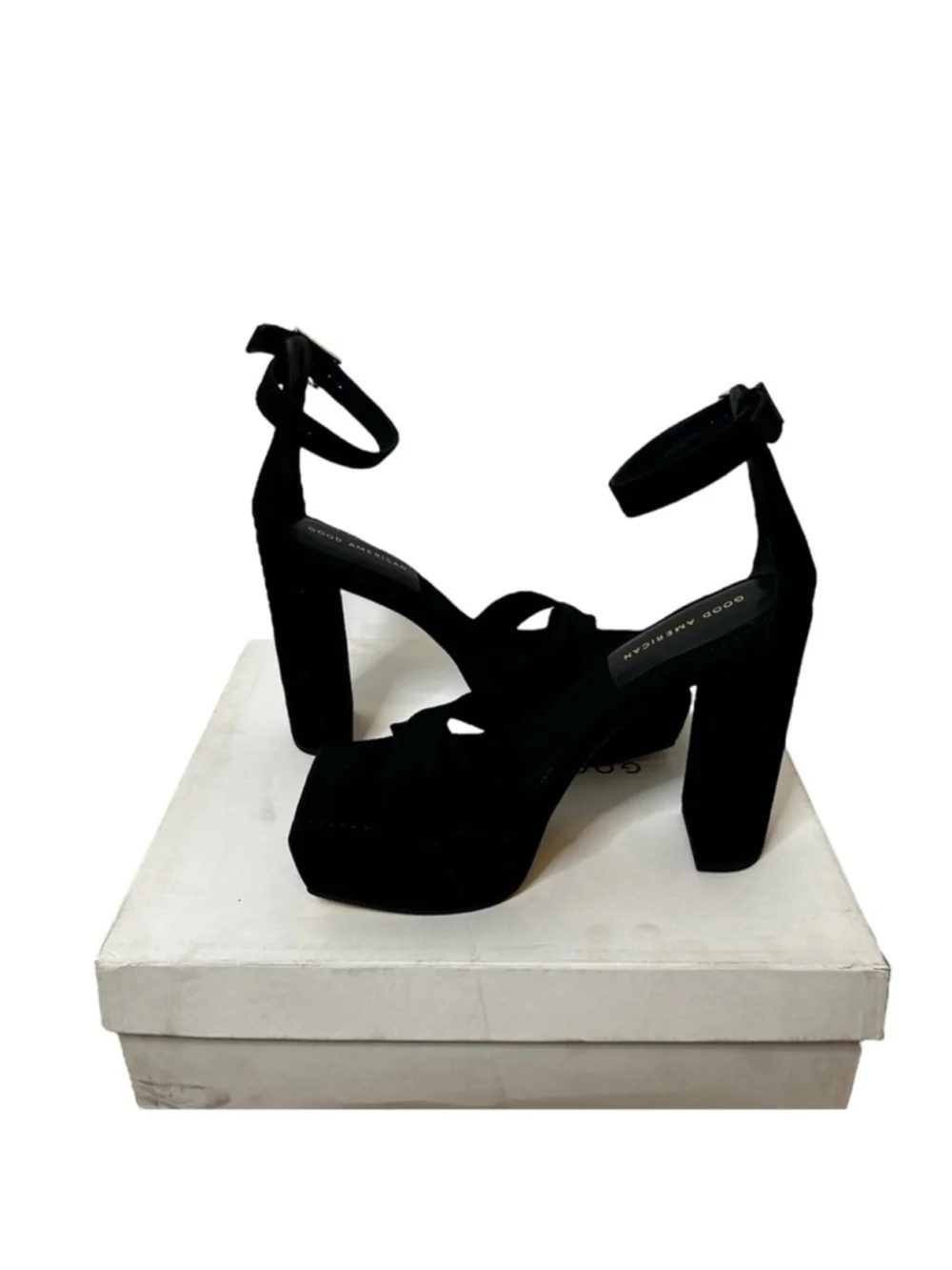 Good American Black Suede Ankle Strap Chunky Platform Sandal Heels Size 9